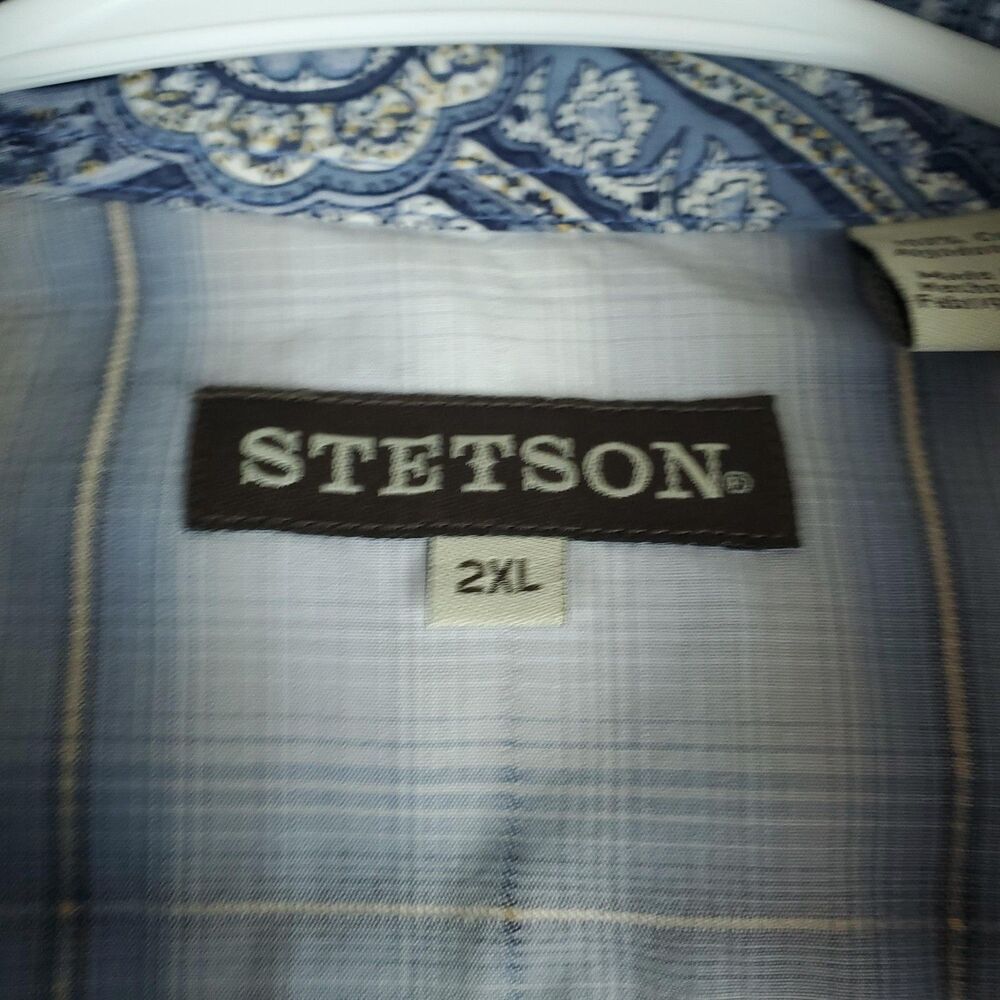 Stetson Shirt Mens XXL Blue White Plaid Pearl Snap Flip Cuff Western Cowboy - Picture 2 of 16